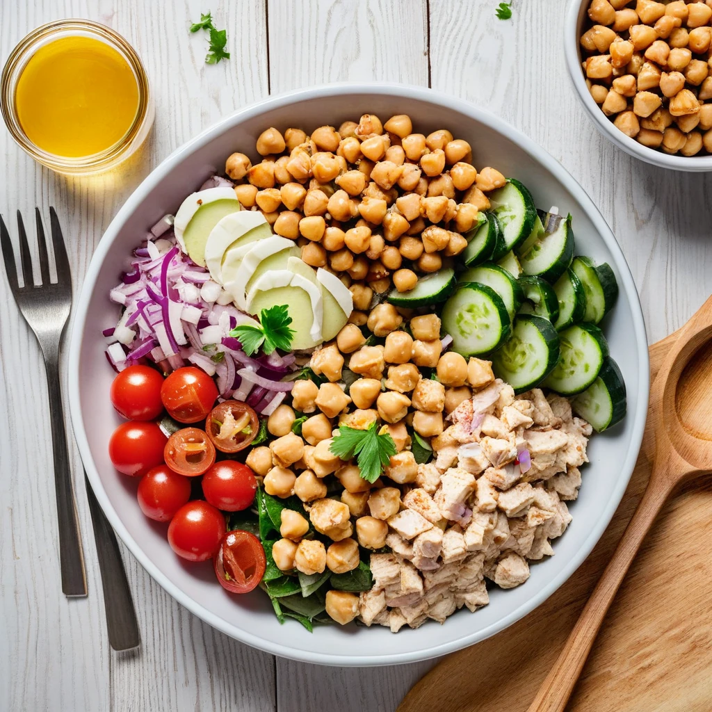Mediterranean Chickpea and Chicken Salad with Pita