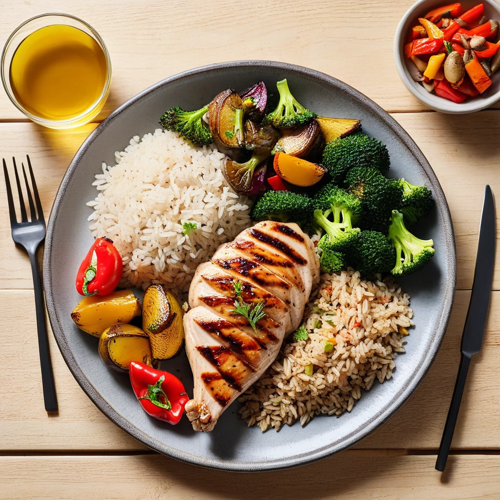 Grilled Chicken with Brown Rice and Roasted Vegetables