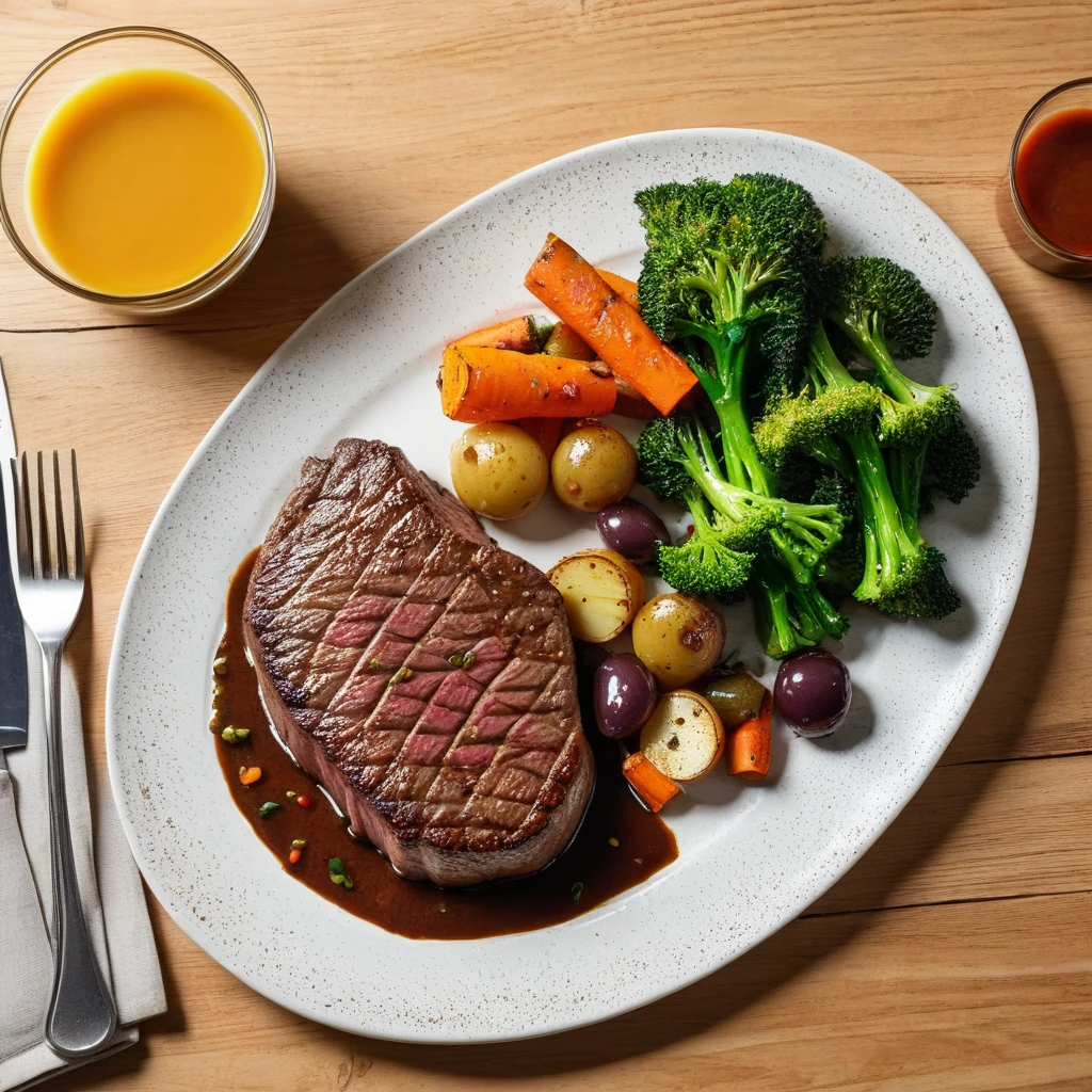 Steak Grillé avec Légumes Rôtis et Sauce