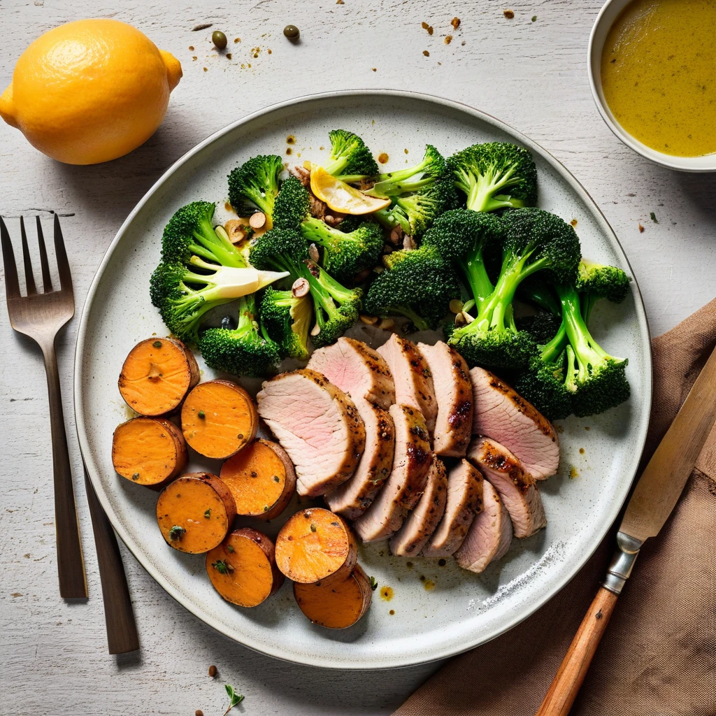Lemon Herb Pork Tenderloin with Sweet Potato and Broccoli