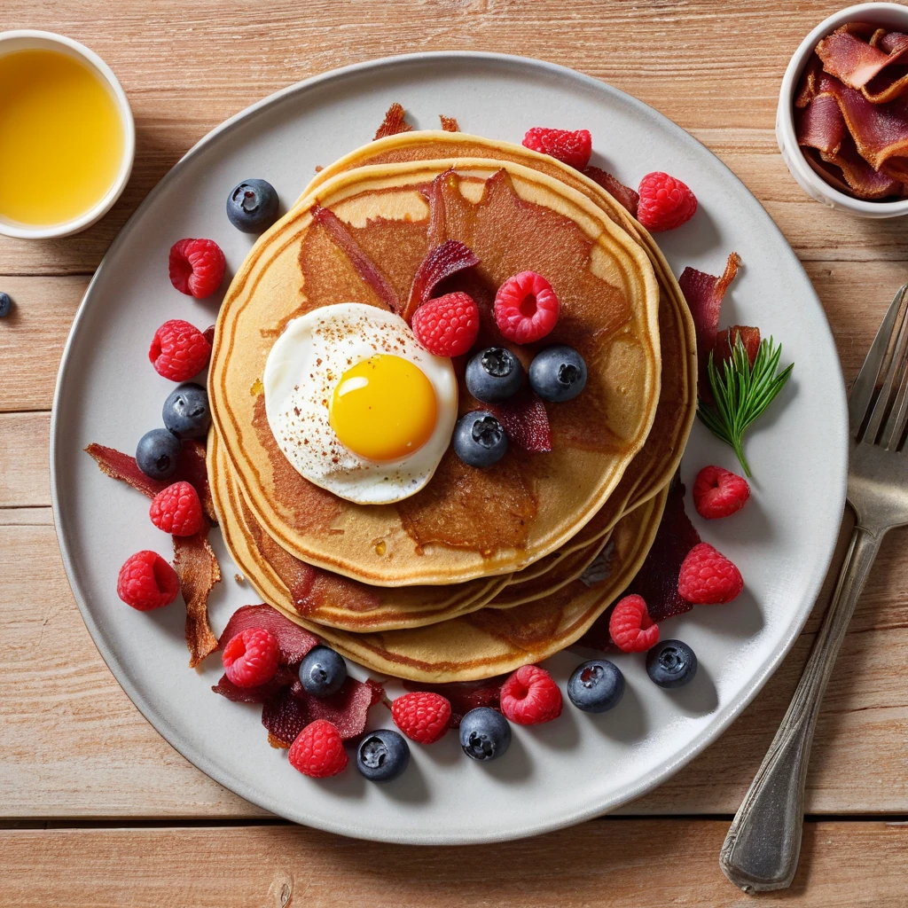 Whole Wheat Pancakes with Turkey Bacon and Berries