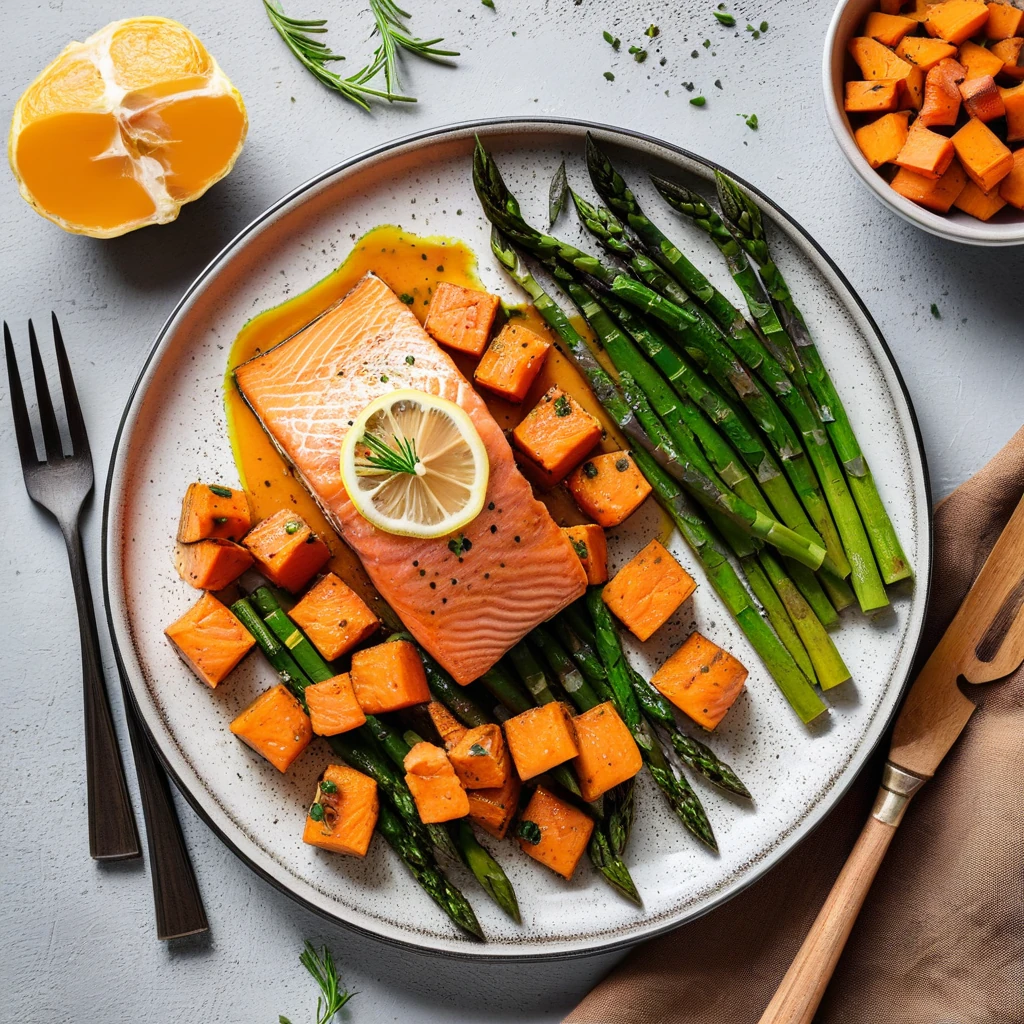 Baked Salmon with Sweet Potato and Asparagus