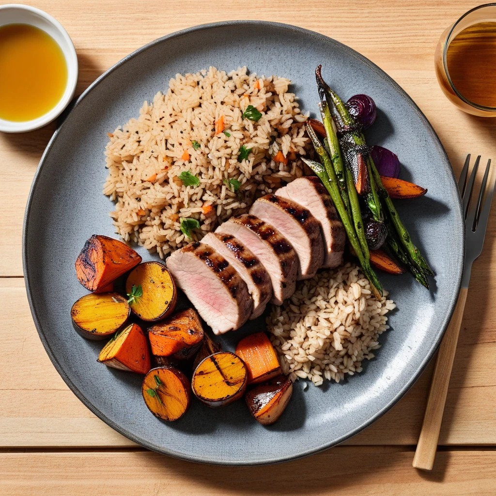 Grilled Pork Tenderloin with Roasted Root Vegetables and Brown Rice