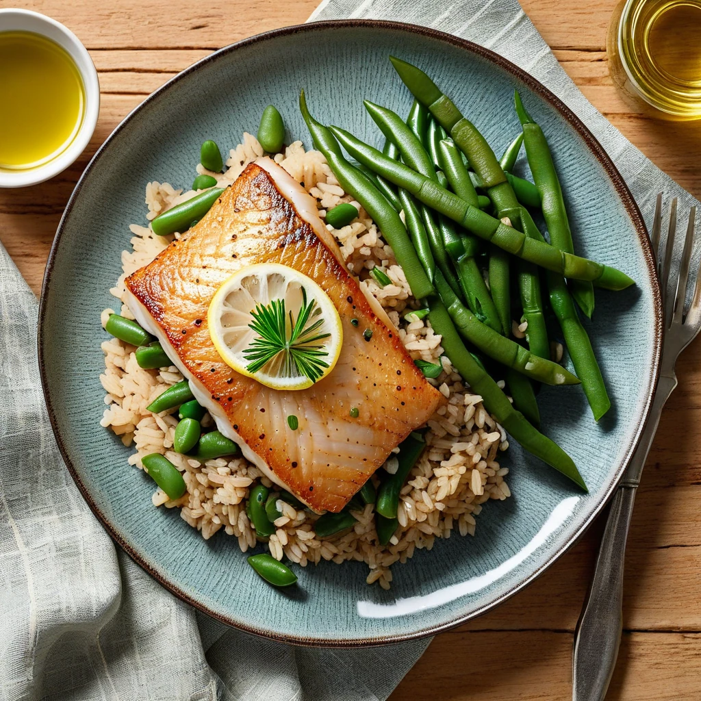 Pan-Seared Cod with Brown Rice and Green Beans