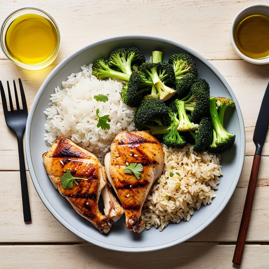 Grilled Chicken and White Rice Bowl with Roasted Broccoli