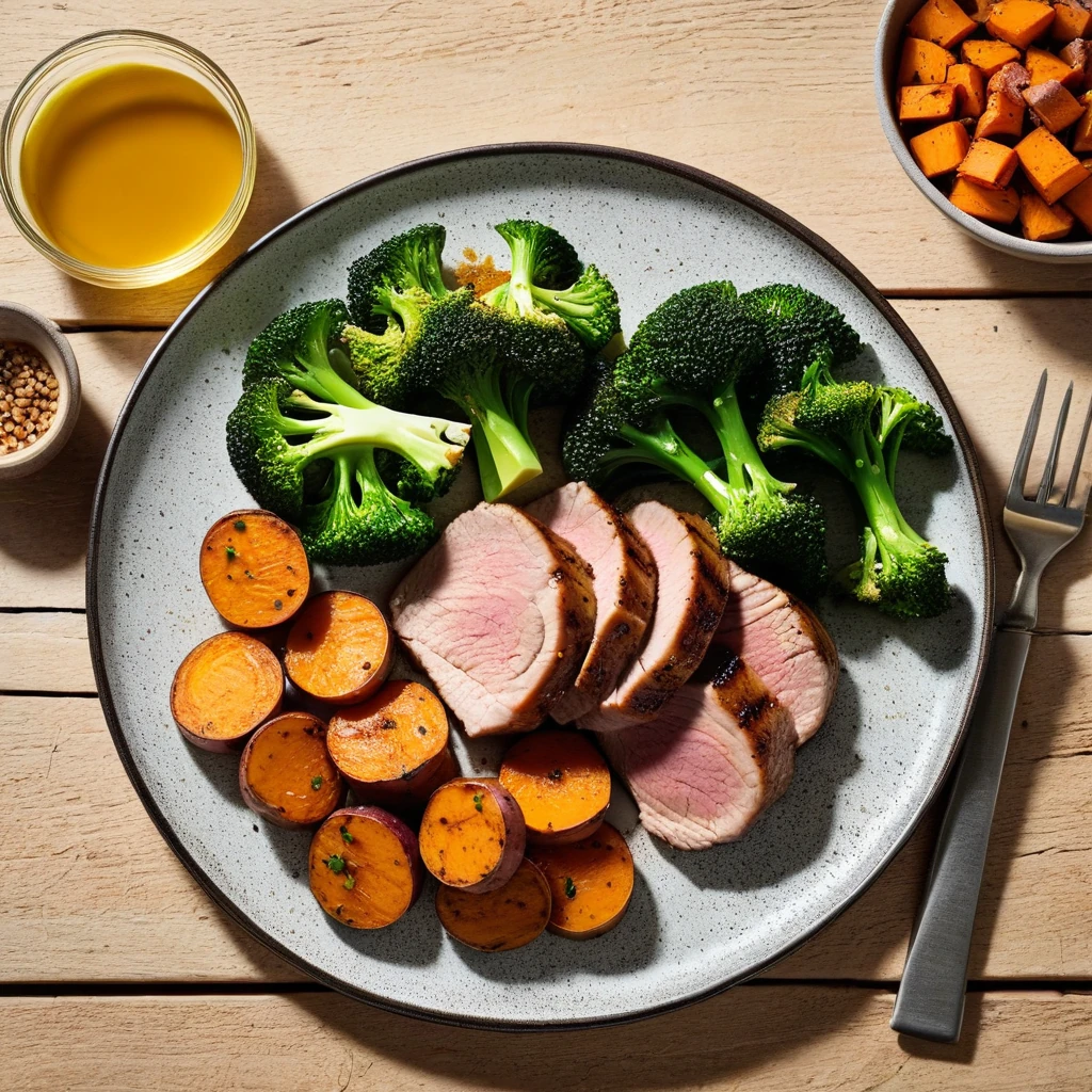 Pan-Seared Pork Tenderloin with Roasted Sweet Potato and Broccoli