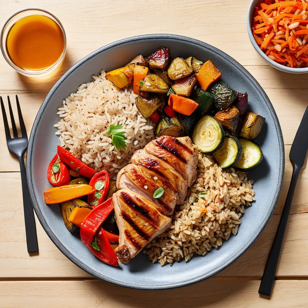 Grilled Chicken Thigh Bowl with Brown Rice and Roasted Vegetables