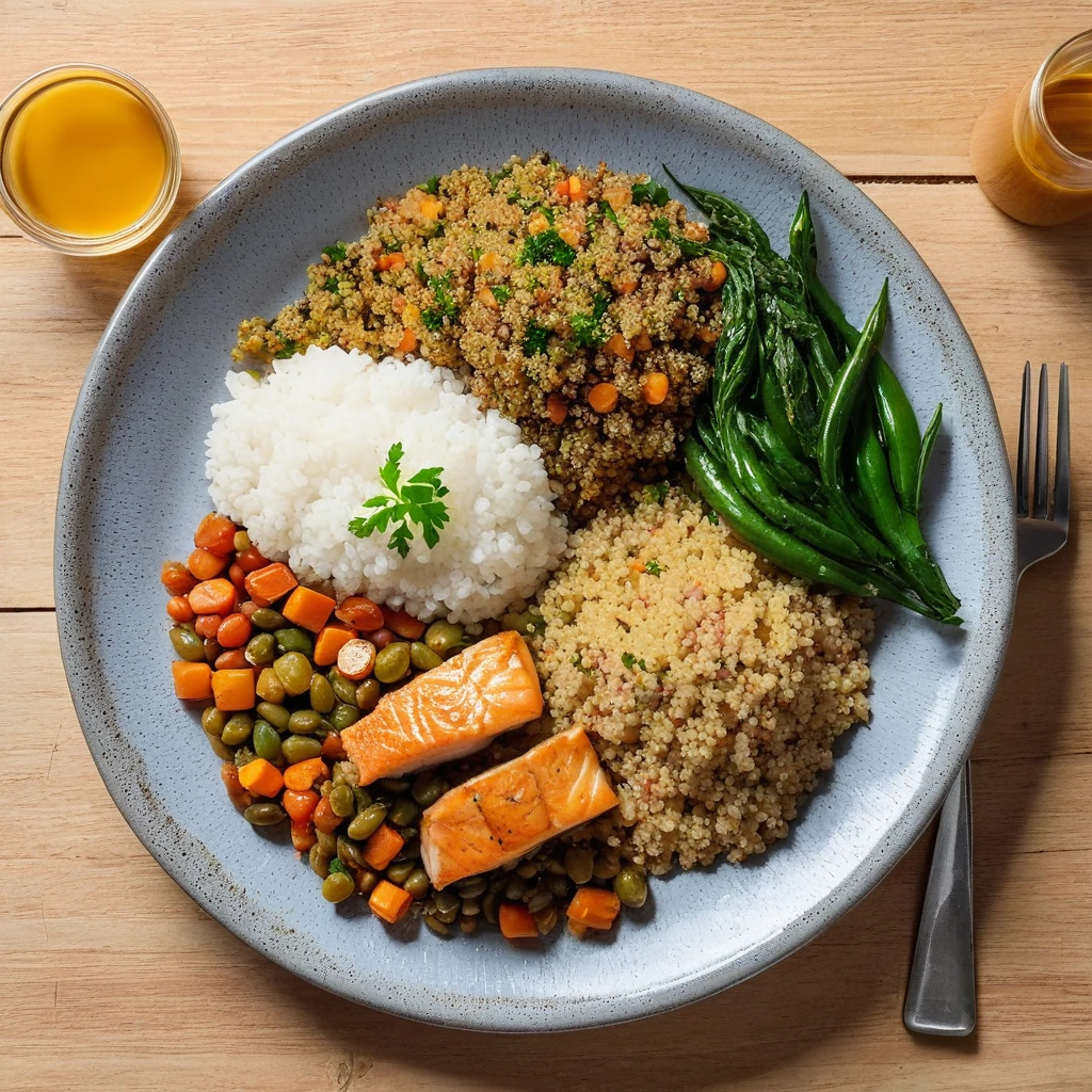 Peixe assado com quinoa e legumes refogados