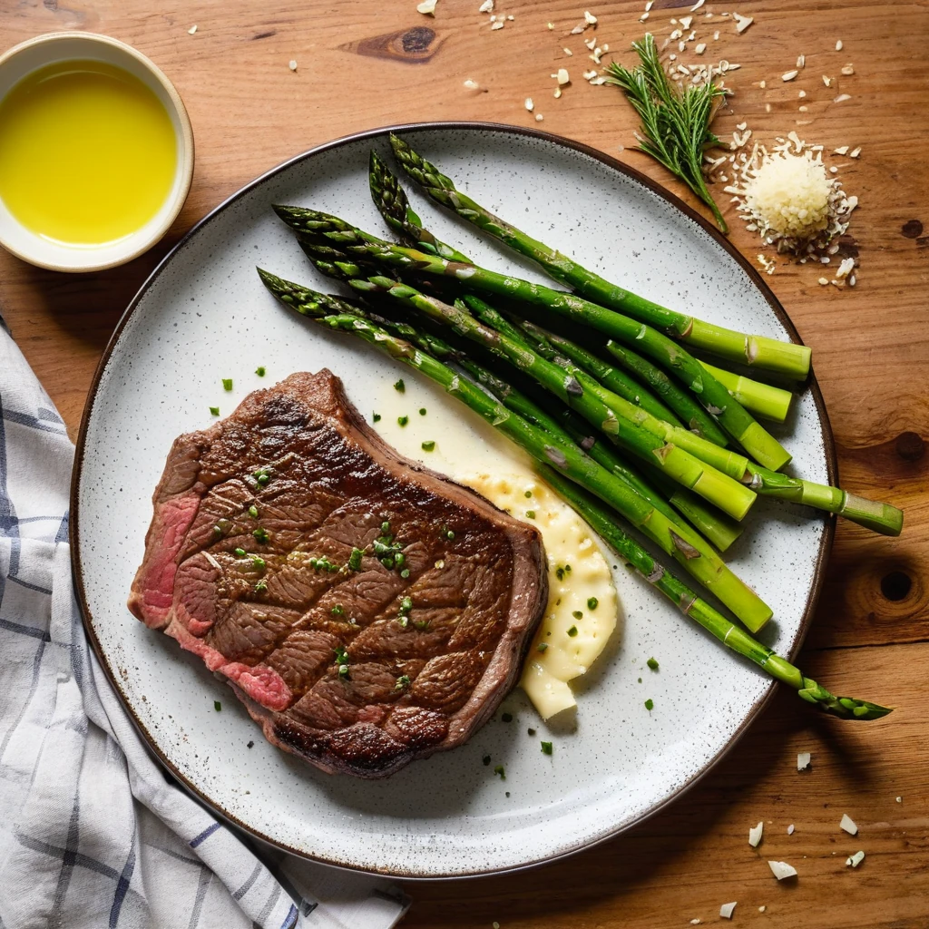 Pan-Seared Ribeye with Garlic Butter and Asparagus