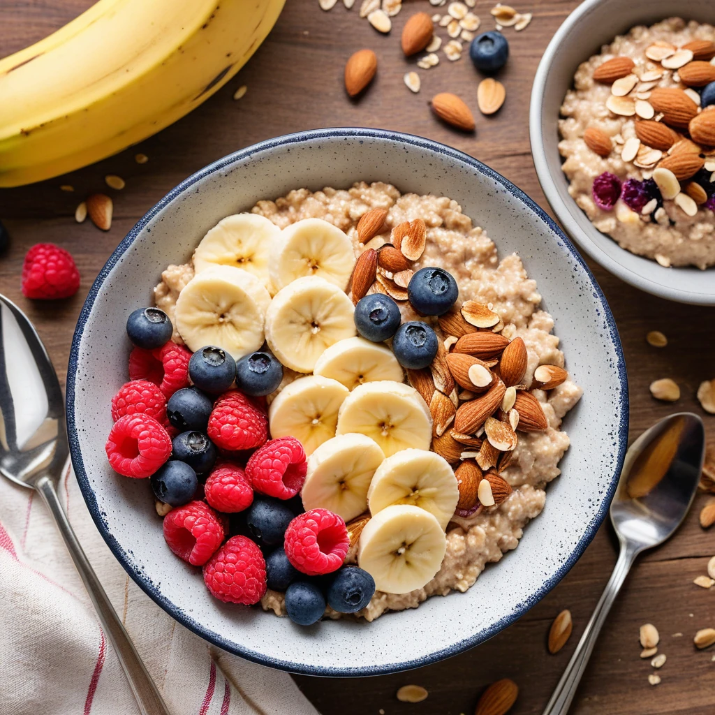 Almond Butter Oatmeal with Banana and Berries