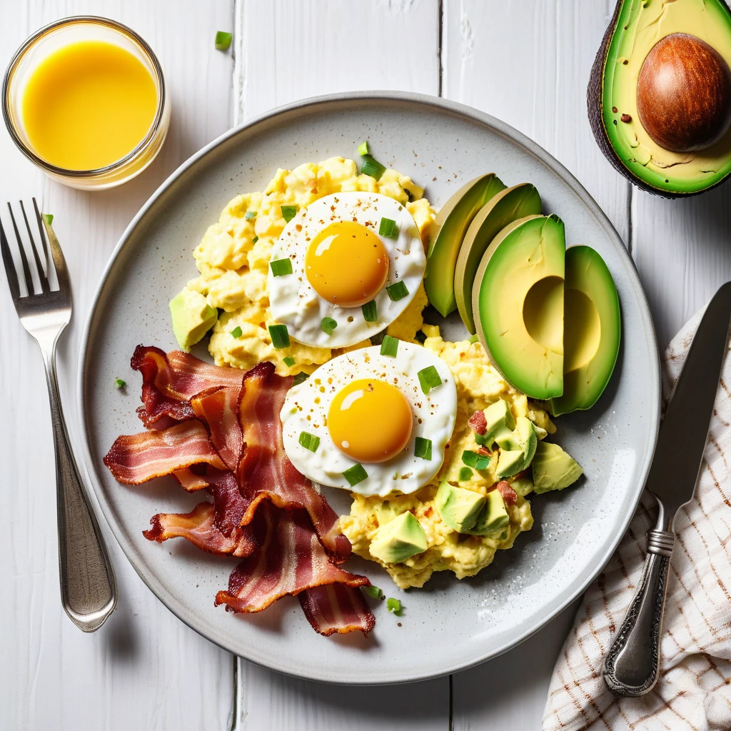 Keto Creamy Scrambled Eggs with Bacon and Avocado