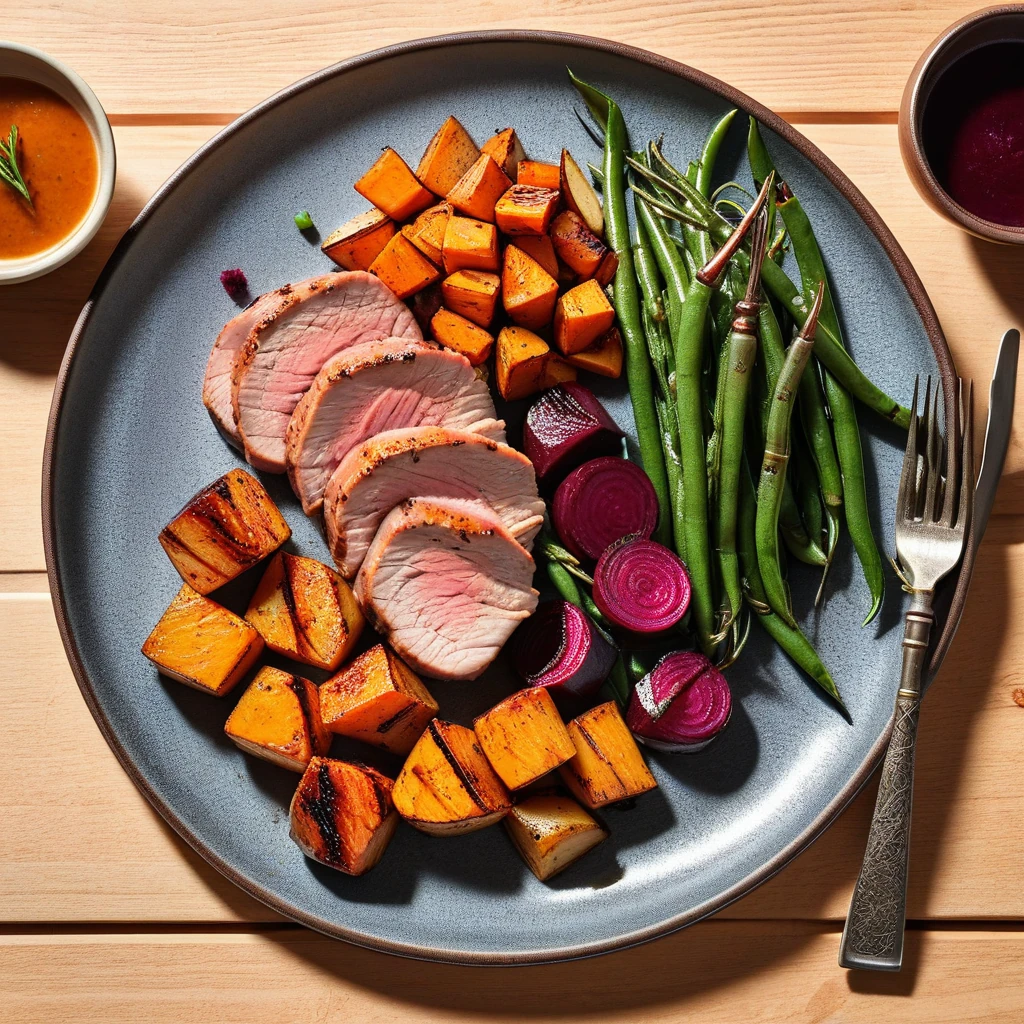 Grilled Pork Tenderloin with Roasted Root Vegetables and Green Beans