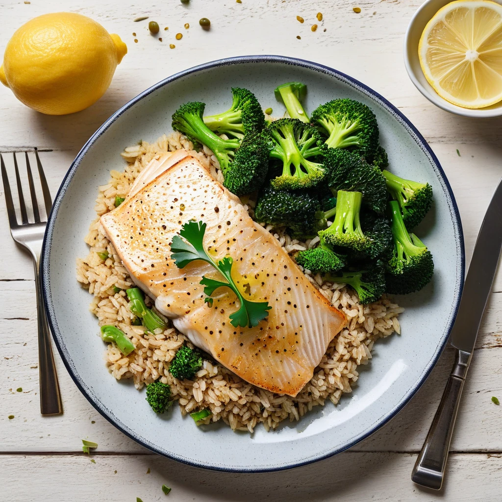 Baked White Fish with Brown Rice and Steamed Broccoli