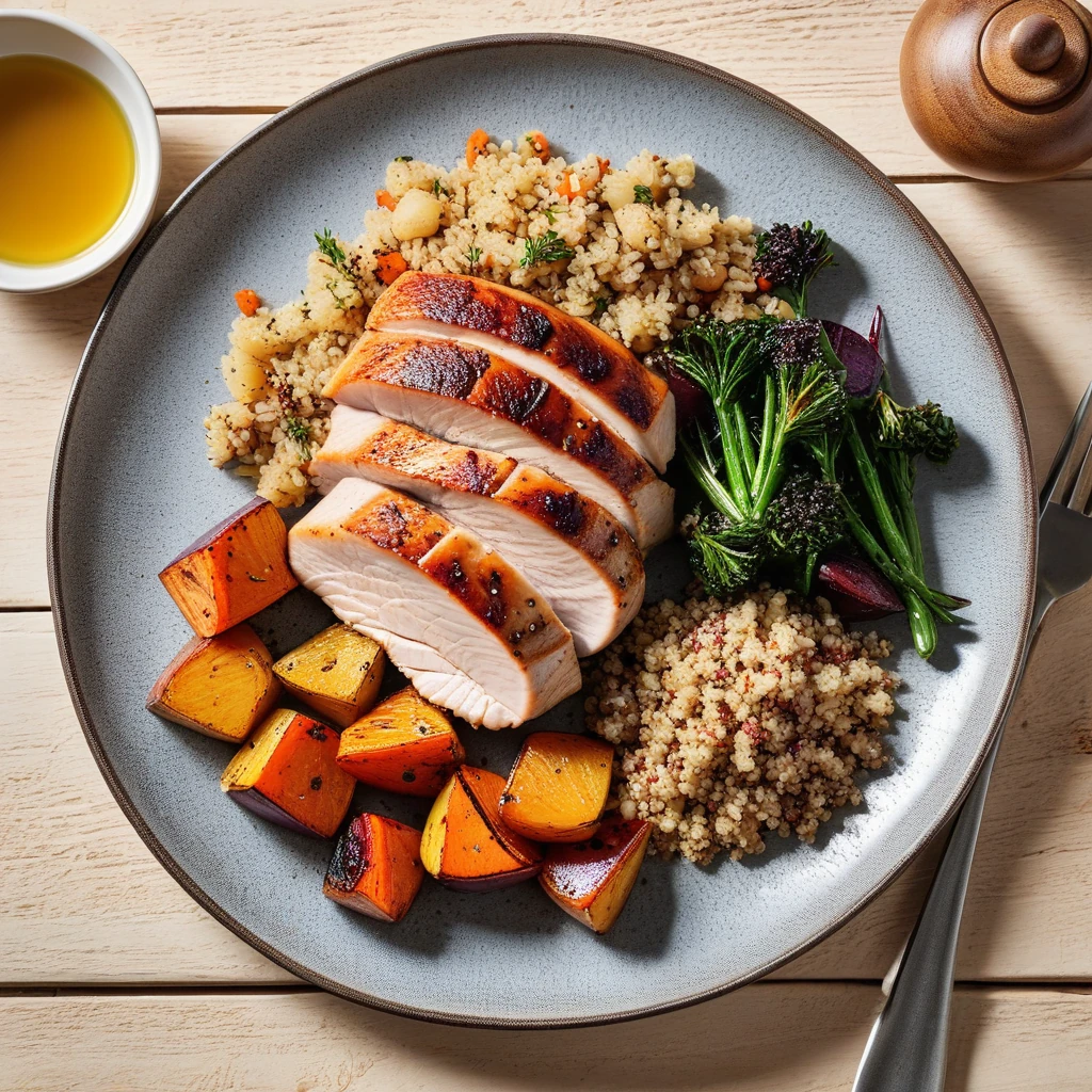 Pan-Seared Turkey Breast with Roasted Root Vegetables and Quinoa