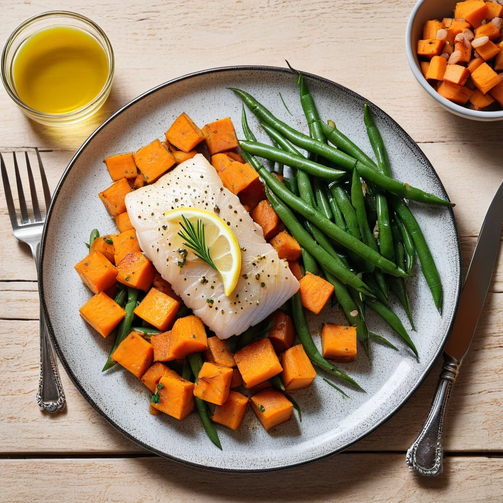Baked Cod with Sweet Potato and Green Beans