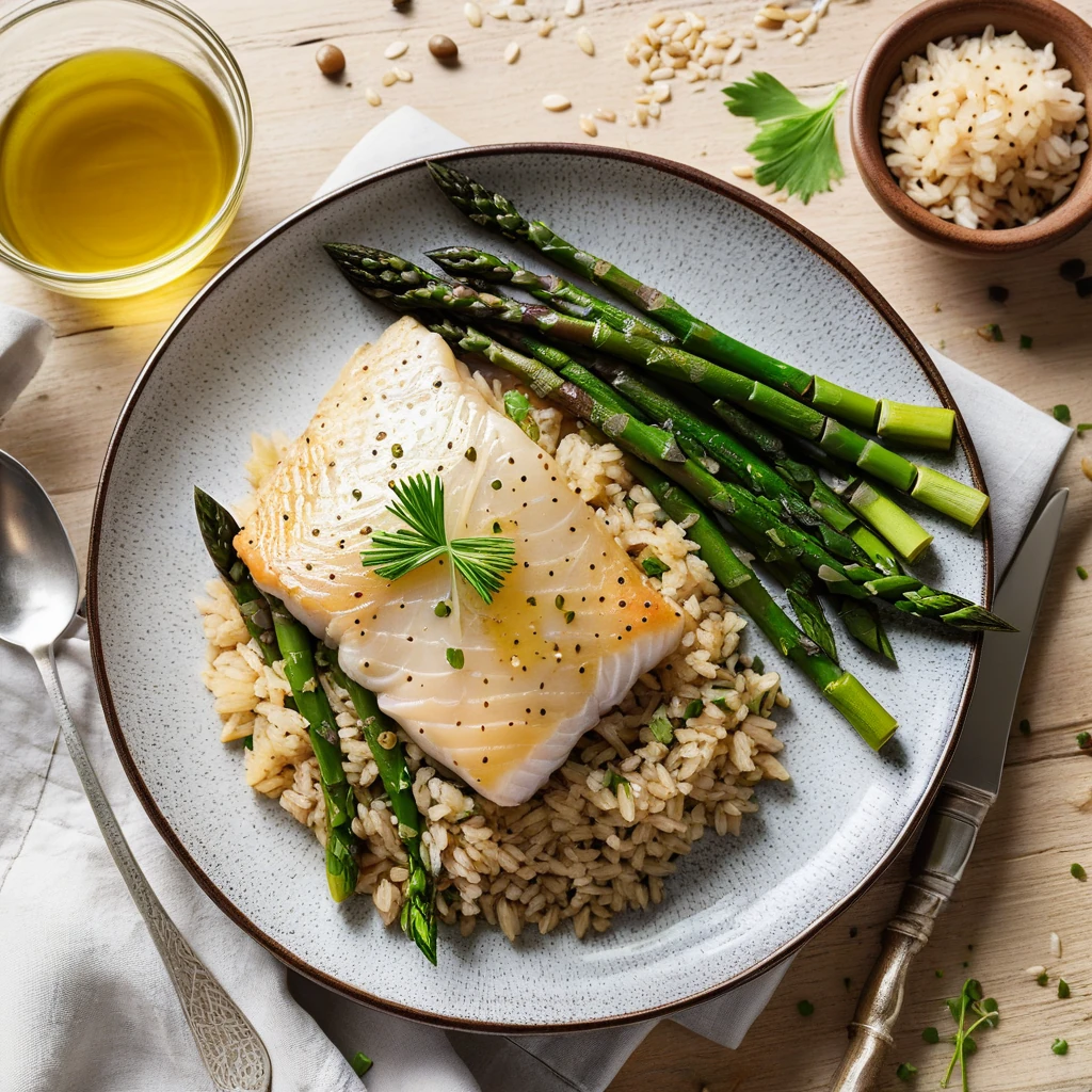 Baked Cod with Roasted Asparagus and Brown Rice
