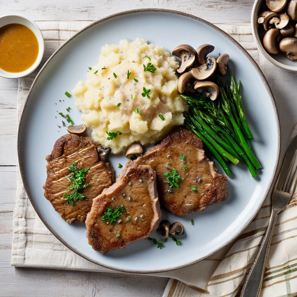 Pan-Seared Veal Cutlets with Creamy Mushroom Sauce and Garlic Mashed Potatoes