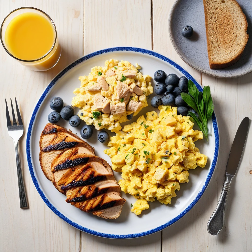Grilled Chicken and Scrambled Eggs with Whole Grain Toast