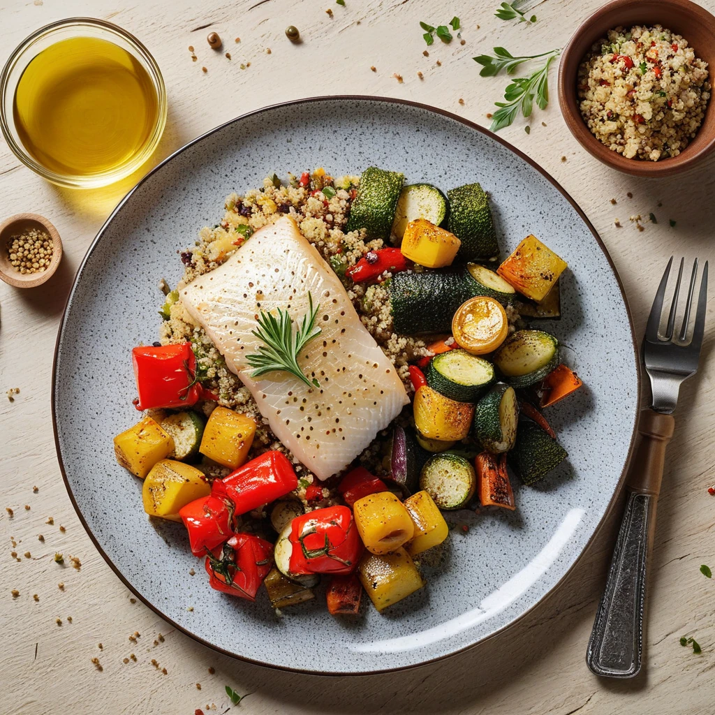 Baked Cod with Quinoa and Roasted Vegetables