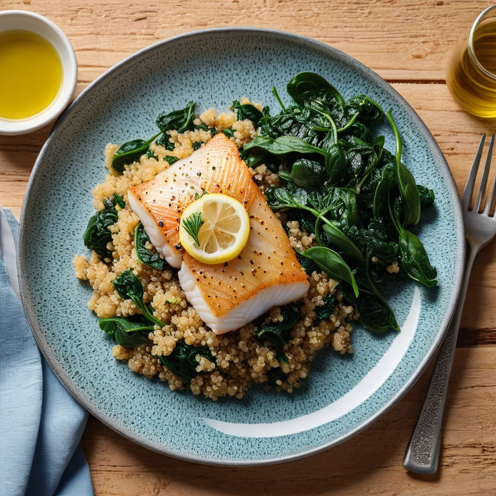 Baked Cod with Quinoa and Sautéed Spinach