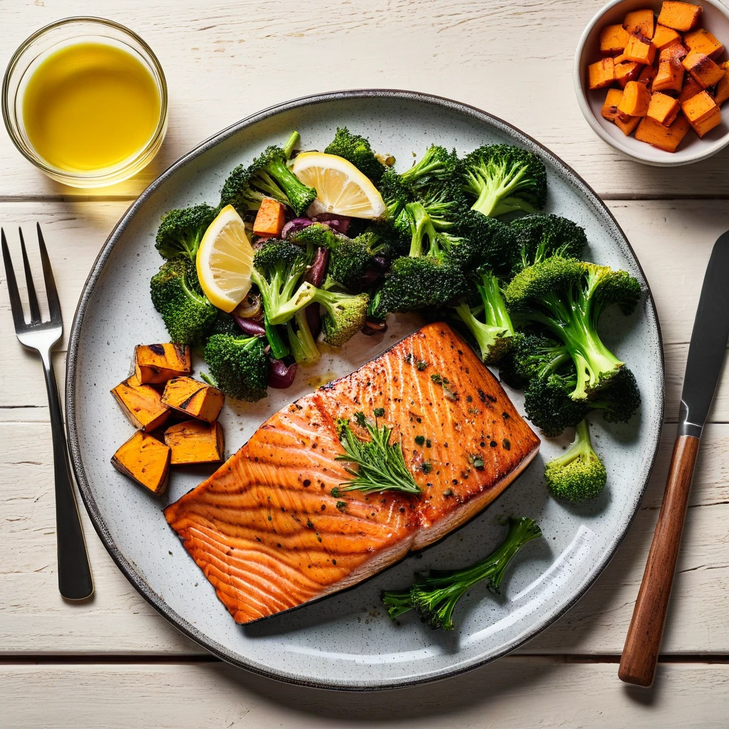 Grilled Salmon with Roasted Sweet Potato and Broccoli