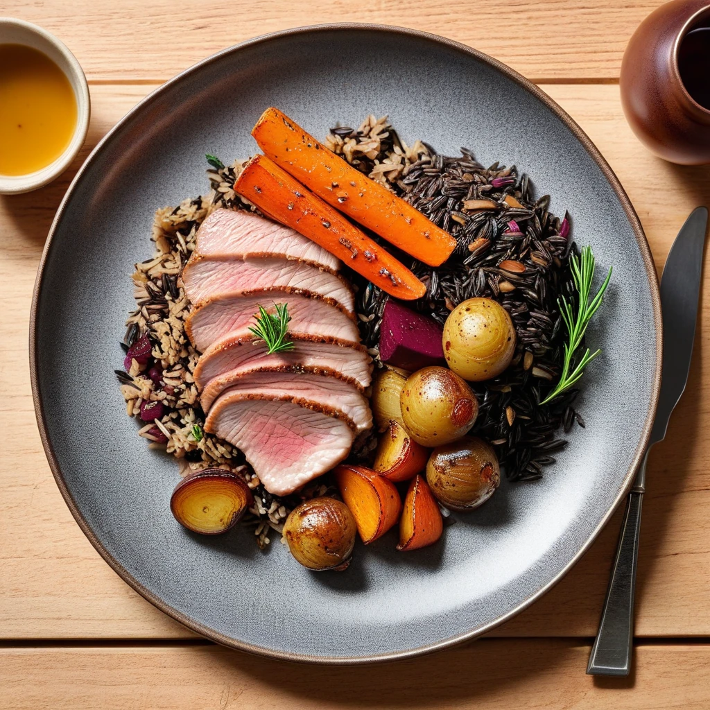 duck breast with wild rice and roasted root vegetables